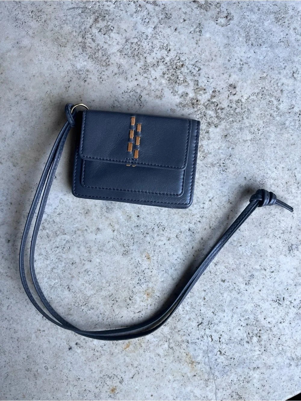 HOBO Navy Leather Badge Holder Lanyard with Floral Lining and Snap Compartment